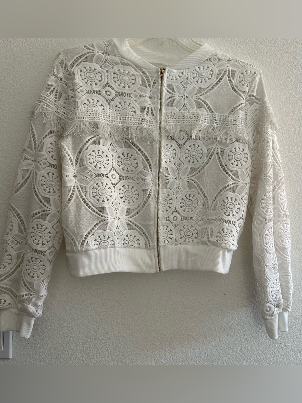 White Lace Zip-Front Bomber Jacket